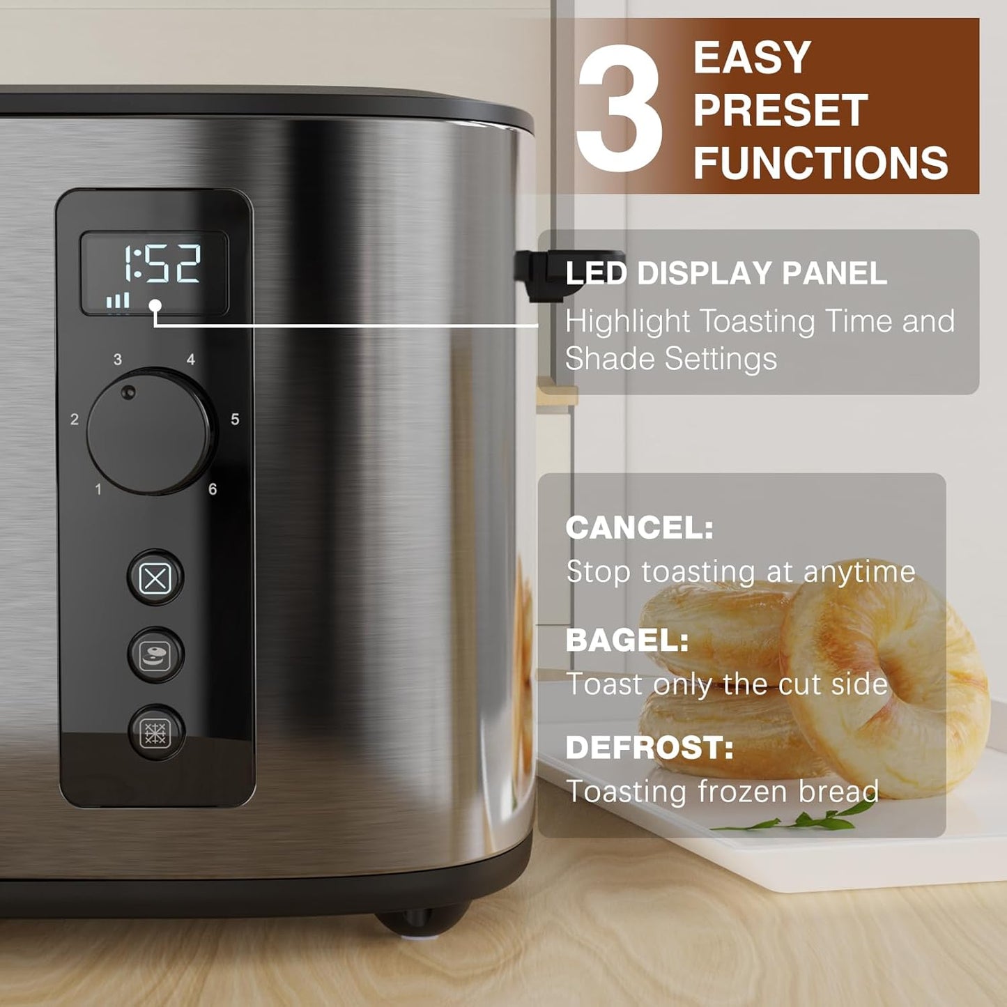 Anfilank Long Slot 4-Slice Toaster – Stainless Steel with Countdown Timer