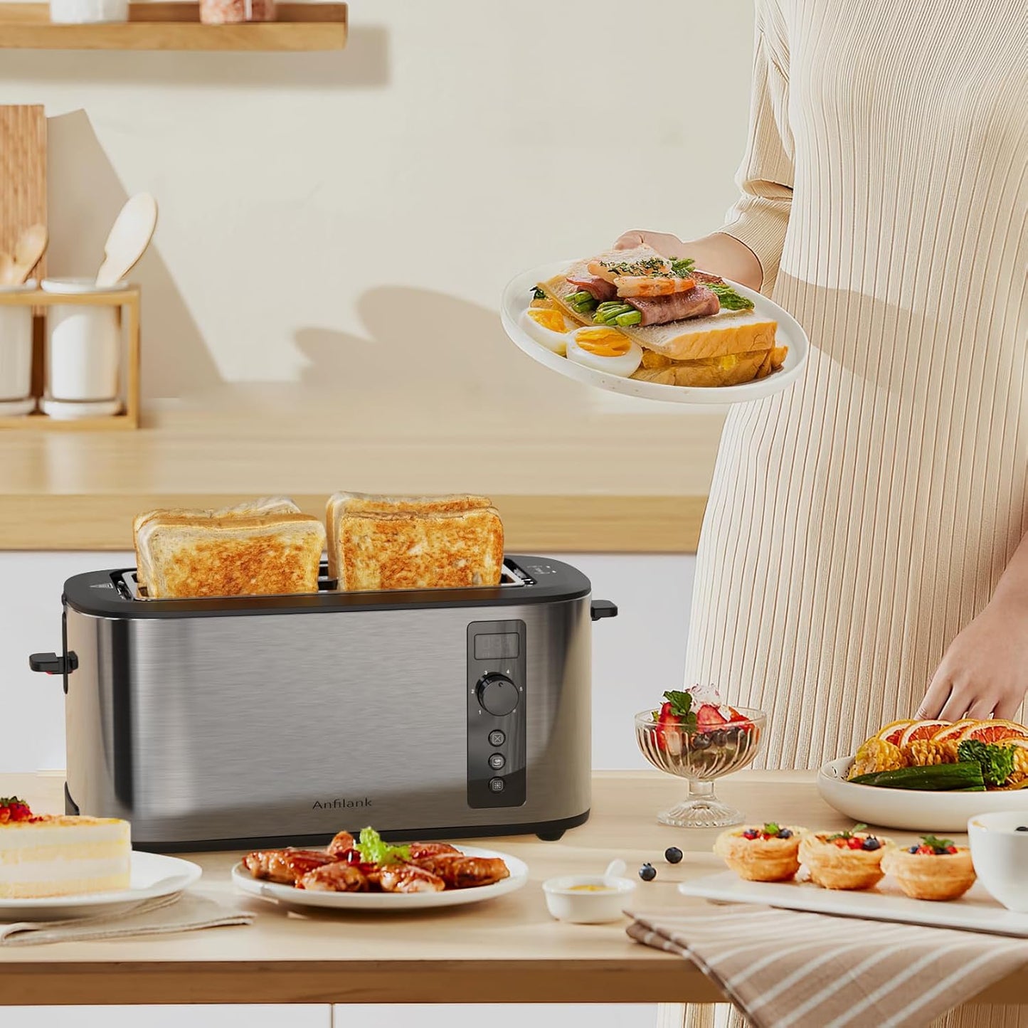 Anfilank Long Slot 4-Slice Toaster – Stainless Steel with Countdown Timer