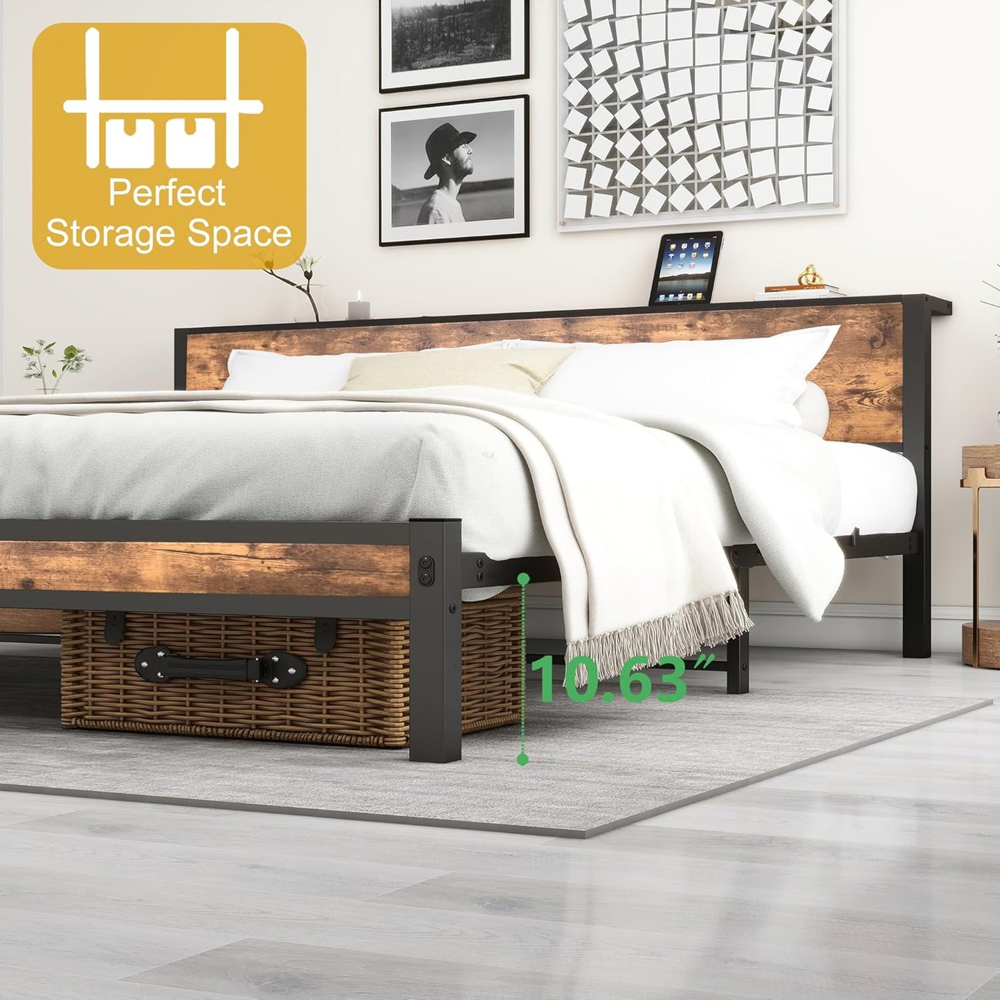 DUMEE Full Bed Frame with Wood Storage Headboard