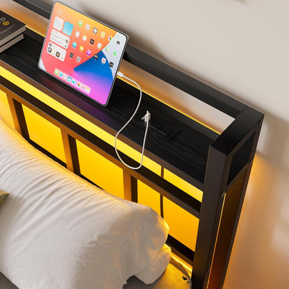 Maliacife Queen Size Bed Frame with Charging Station and LED Lights