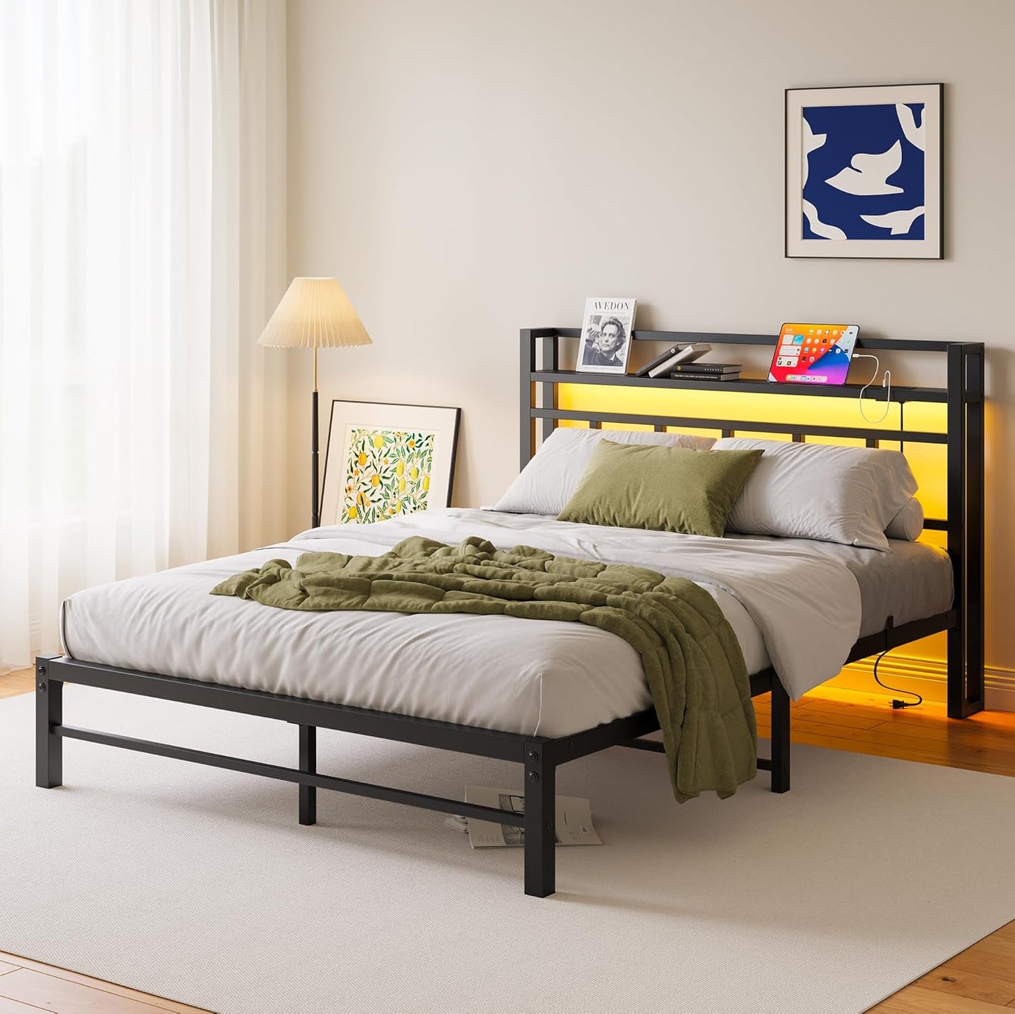 Maliacife Queen Size Bed Frame with Charging Station and LED Lights