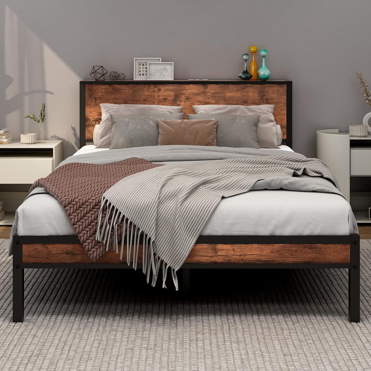 DUMEE Full Bed Frame with Wood Storage Headboard