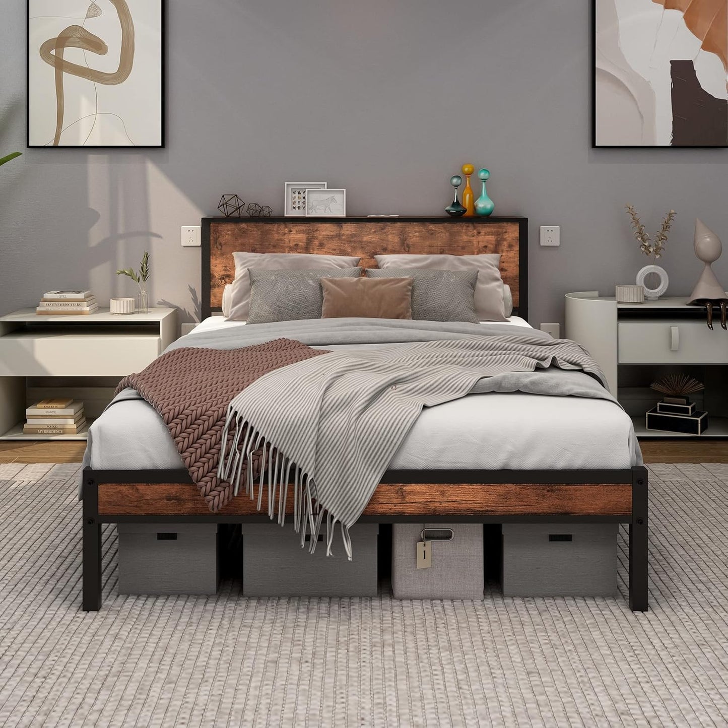 DUMEE Full Bed Frame with Wood Storage Headboard