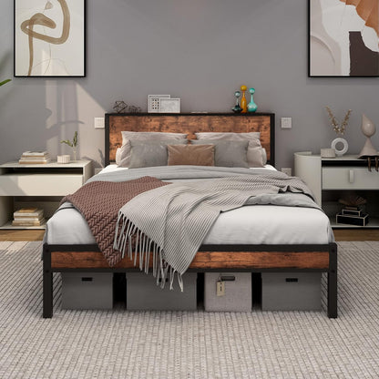 DUMEE Full Bed Frame with Wood Storage Headboard