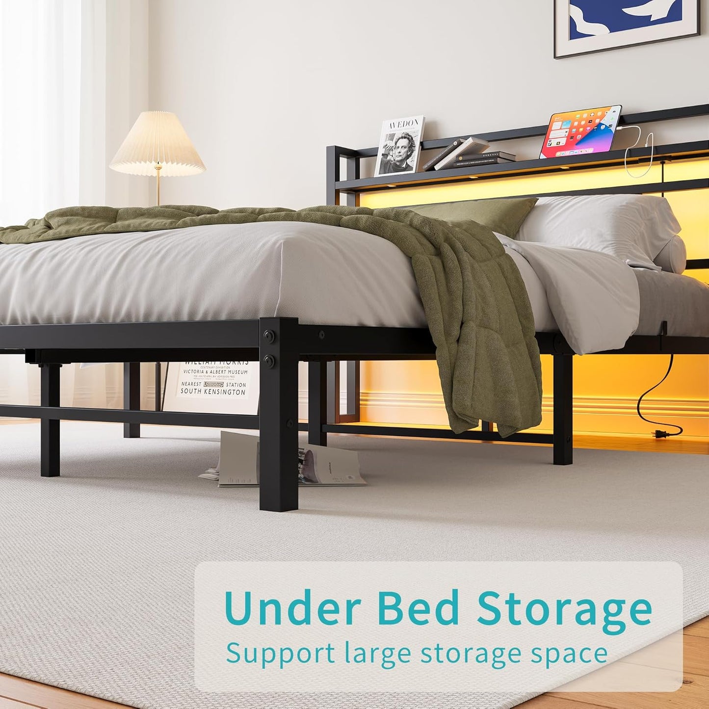 Maliacife Queen Size Bed Frame with Charging Station and LED Lights