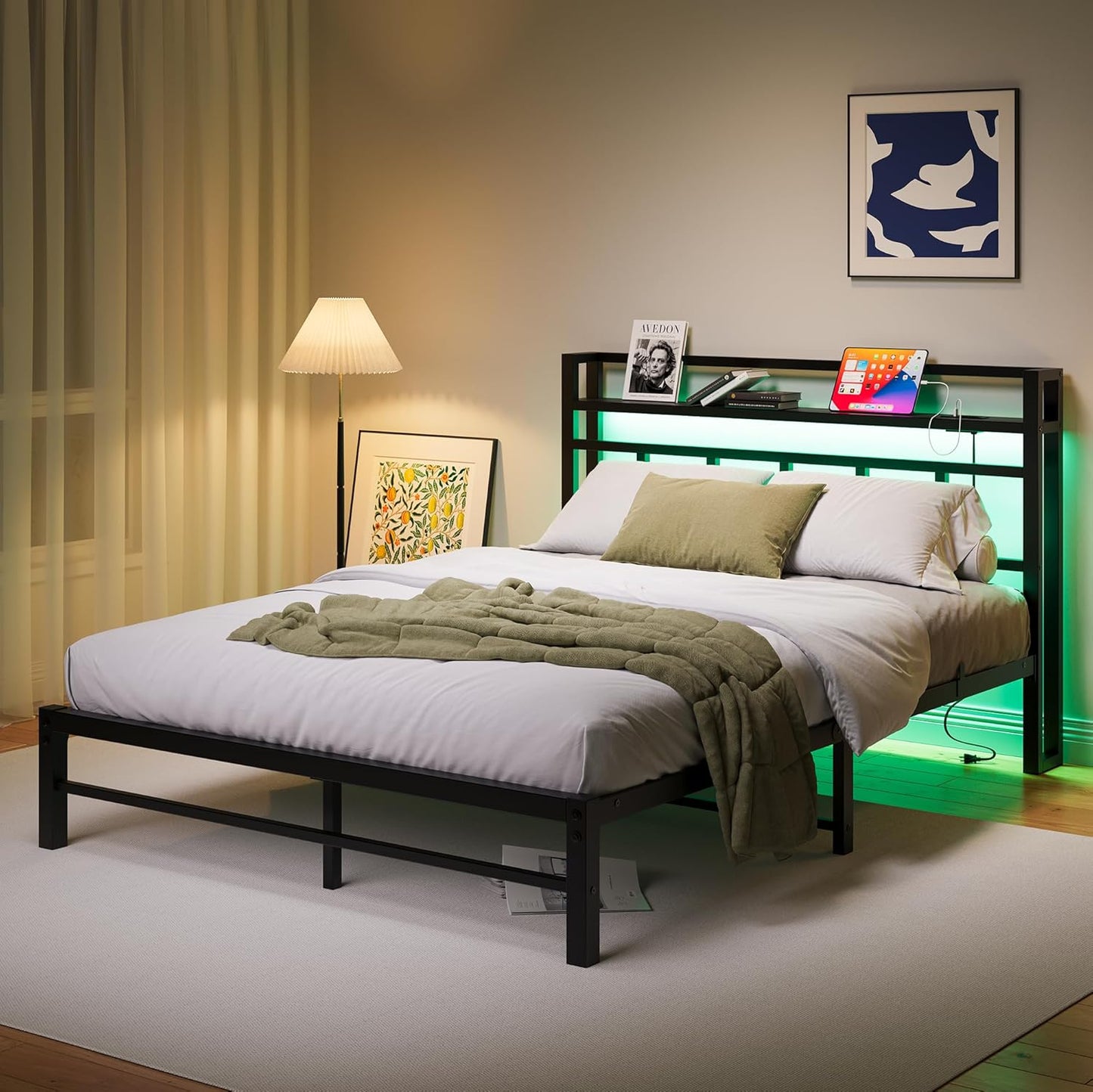 Maliacife Queen Size Bed Frame with Charging Station and LED Lights