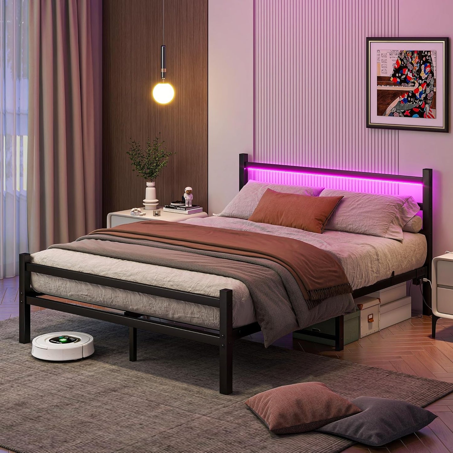 Maliacife Queen Bed Frame with LED Lighting &amp; USB Charging Station