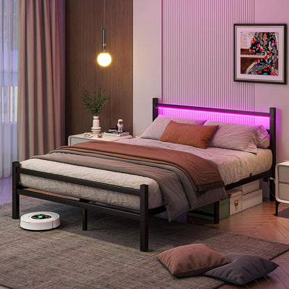 Maliacife Queen Bed Frame with LED Lighting &amp; USB Charging Station