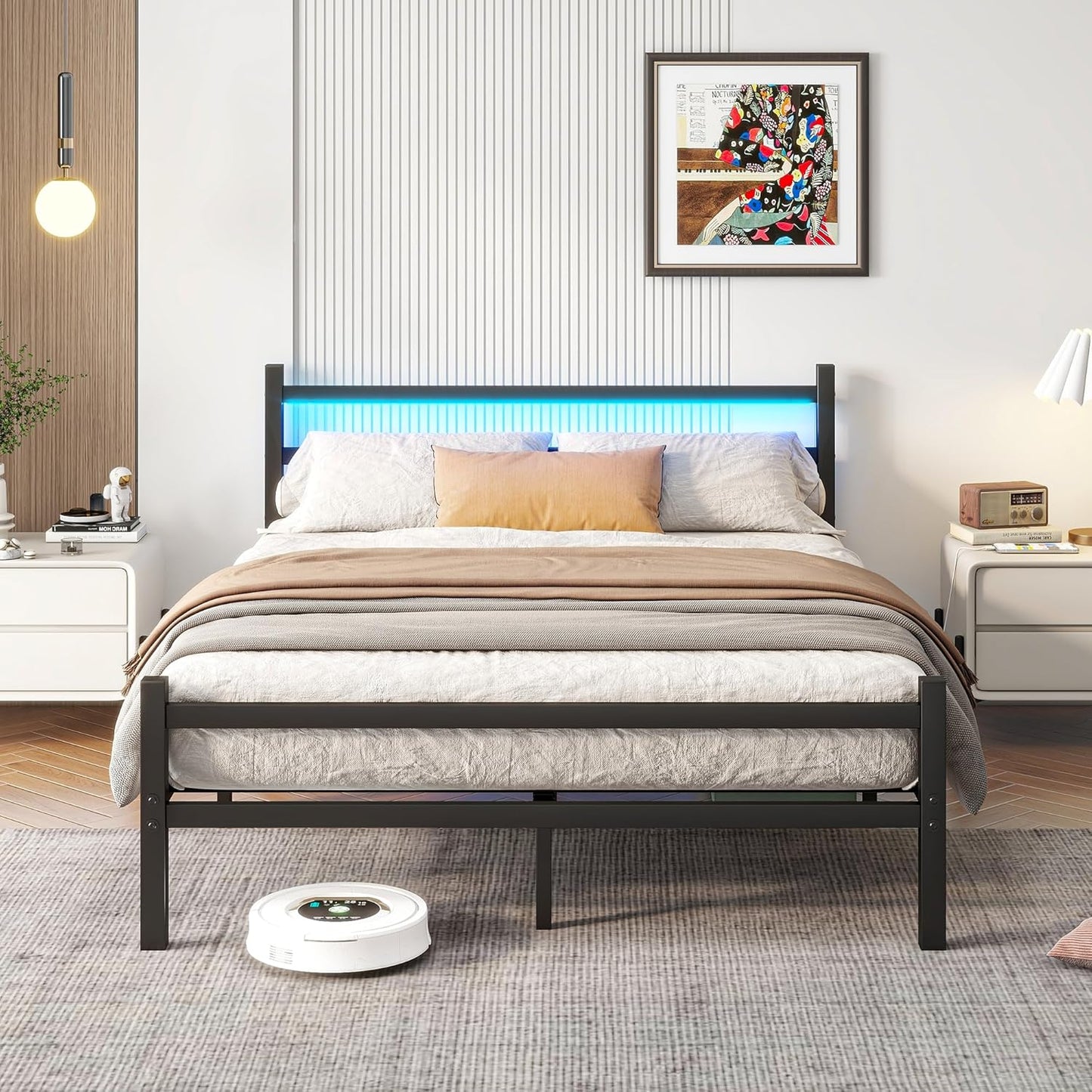 Maliacife Queen Bed Frame with LED Lighting &amp; USB Charging Station