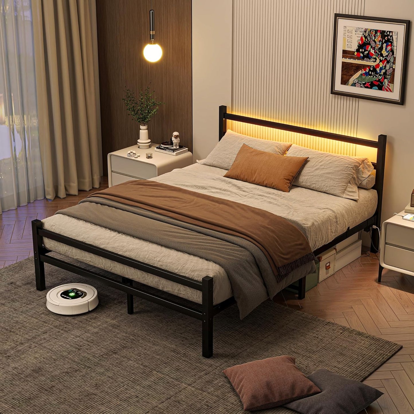 Maliacife Queen Bed Frame with LED Lighting &amp; USB Charging Station