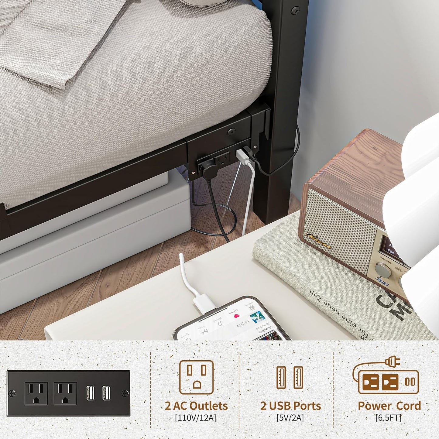 Maliacife Queen Bed Frame with LED Lighting &amp; USB Charging Station