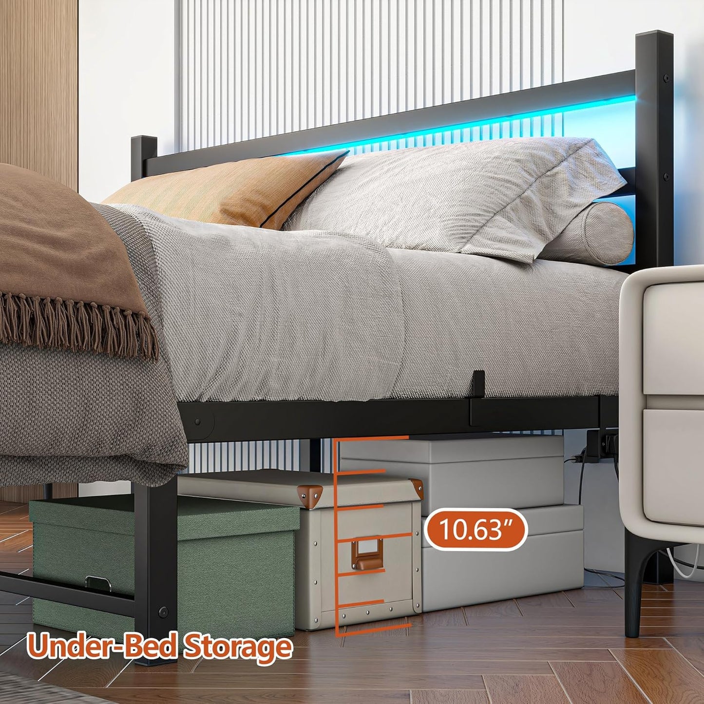 Maliacife Queen Bed Frame with LED Lighting &amp; USB Charging Station