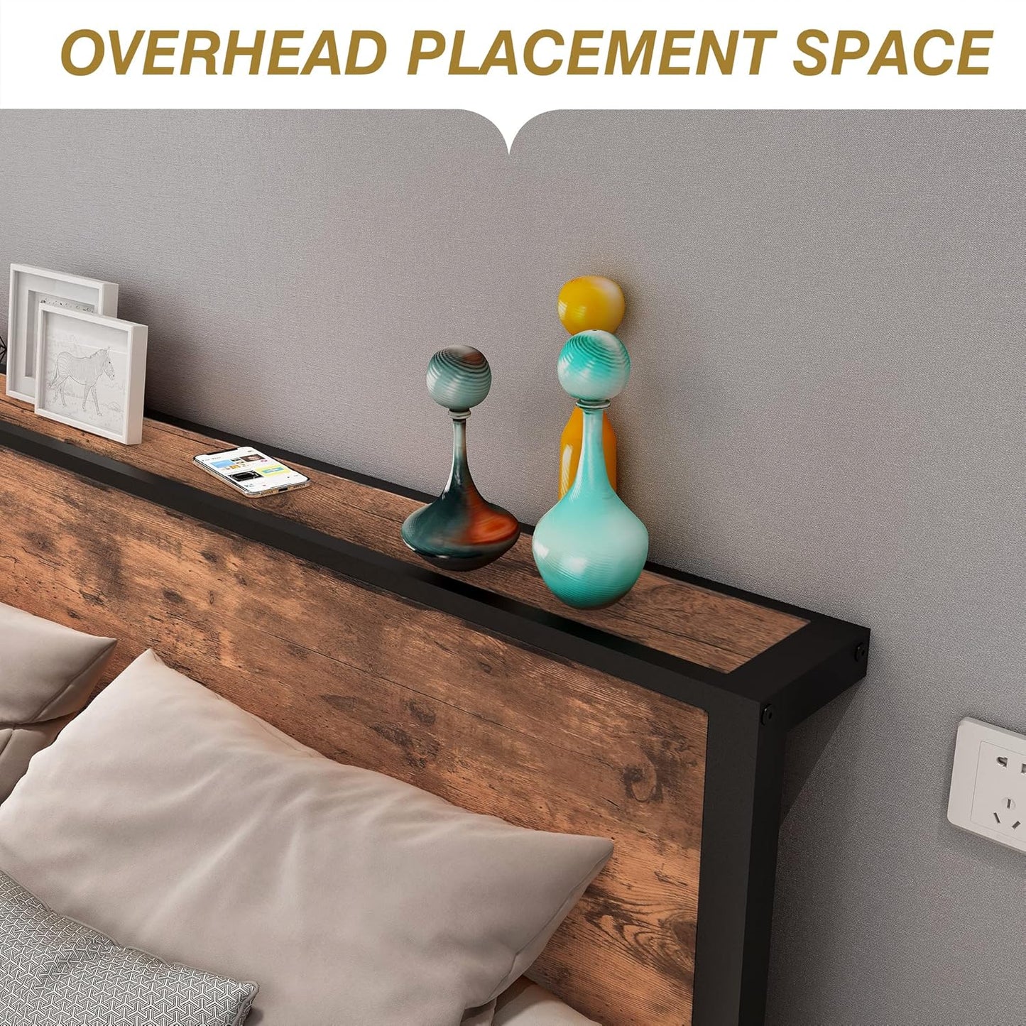 DUMEE Full Bed Frame with Wood Storage Headboard