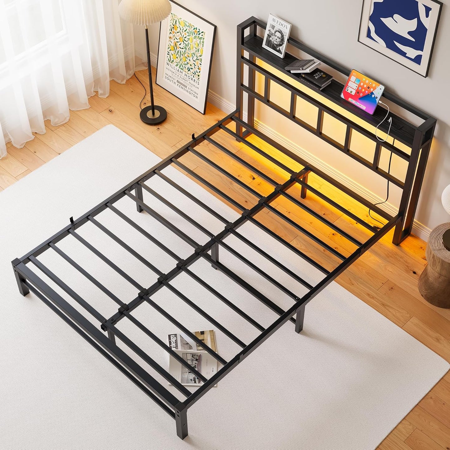 Maliacife Queen Size Bed Frame with Charging Station and LED Lights