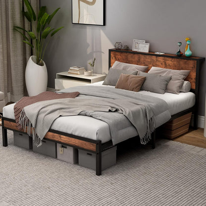 DUMEE Full Bed Frame with Wood Storage Headboard