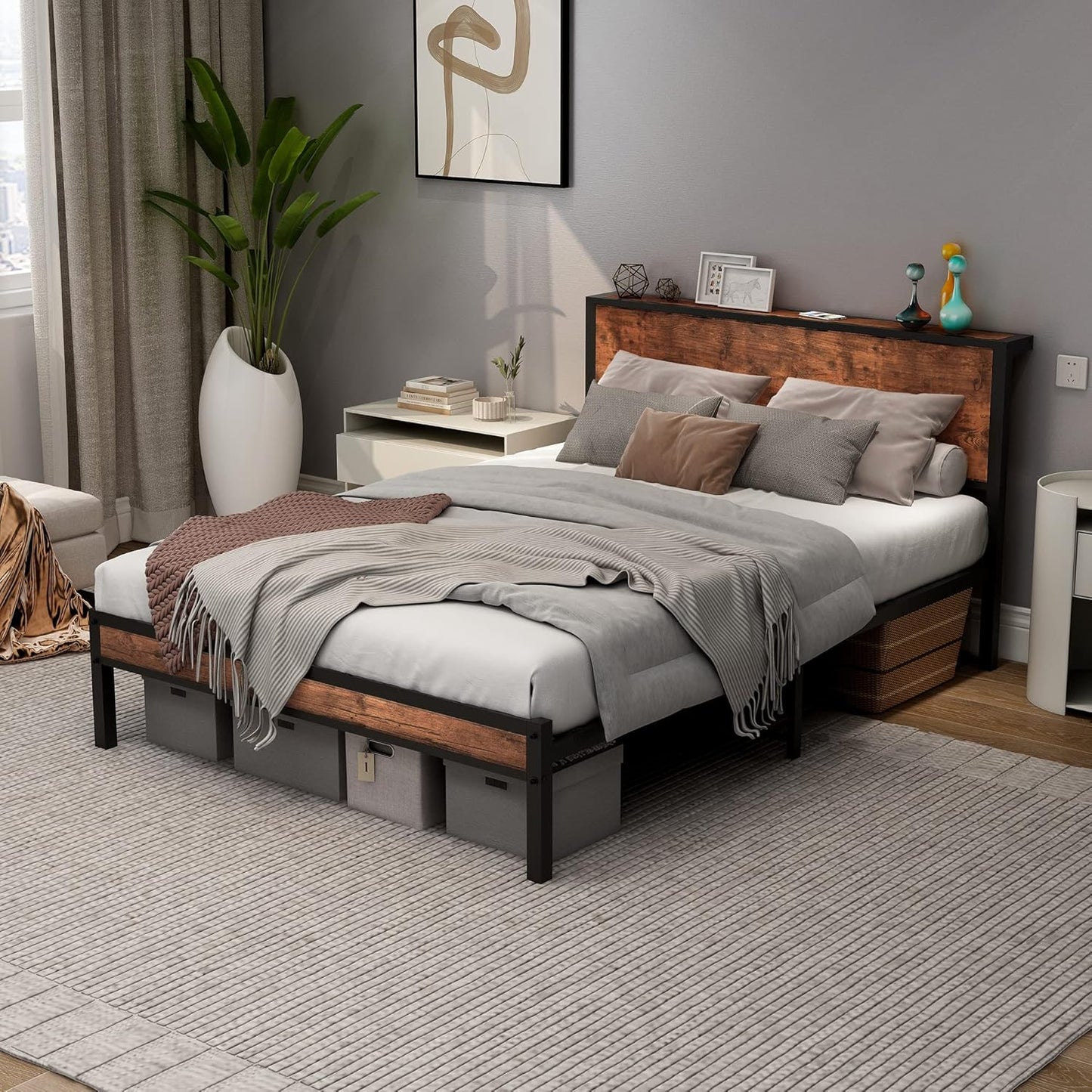 DUMEE Full Bed Frame with Wood Storage Headboard