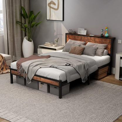 DUMEE Full Bed Frame with Wood Storage Headboard