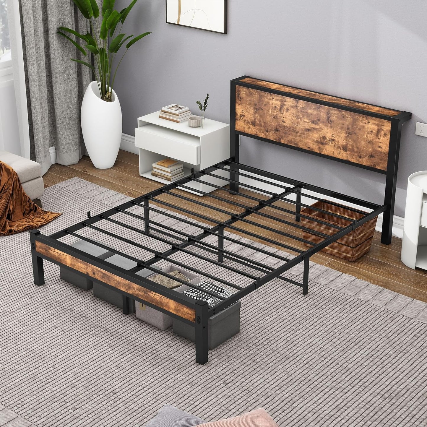 DUMEE Full Bed Frame with Wood Storage Headboard