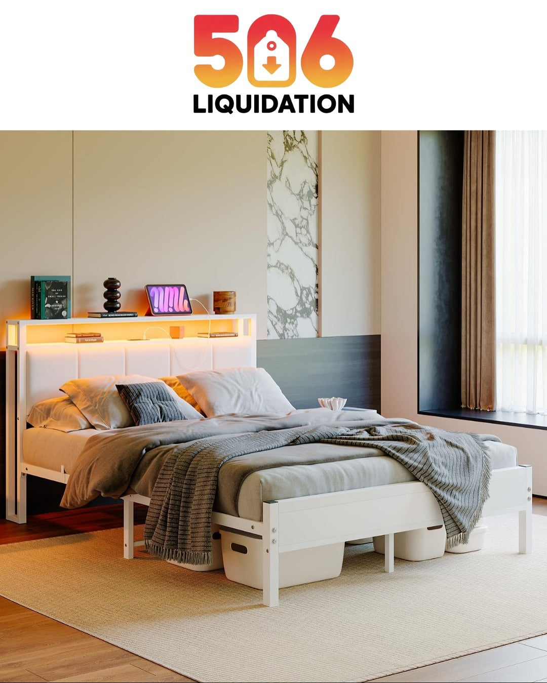 FOUBAM Queen Size Bed Frame with LED Lights & USB Charging Ports