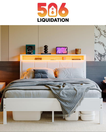 FOUBAM Queen Size Bed Frame with LED Lights & USB Charging Ports