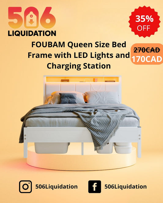 FOUBAM Queen Size Bed Frame with LED Lights & USB Charging Ports