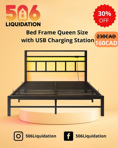 Maliacife Queen Size Bed Frame with Charging Station and LED Lights